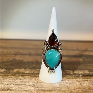Turquoise and Amber Silver Ring